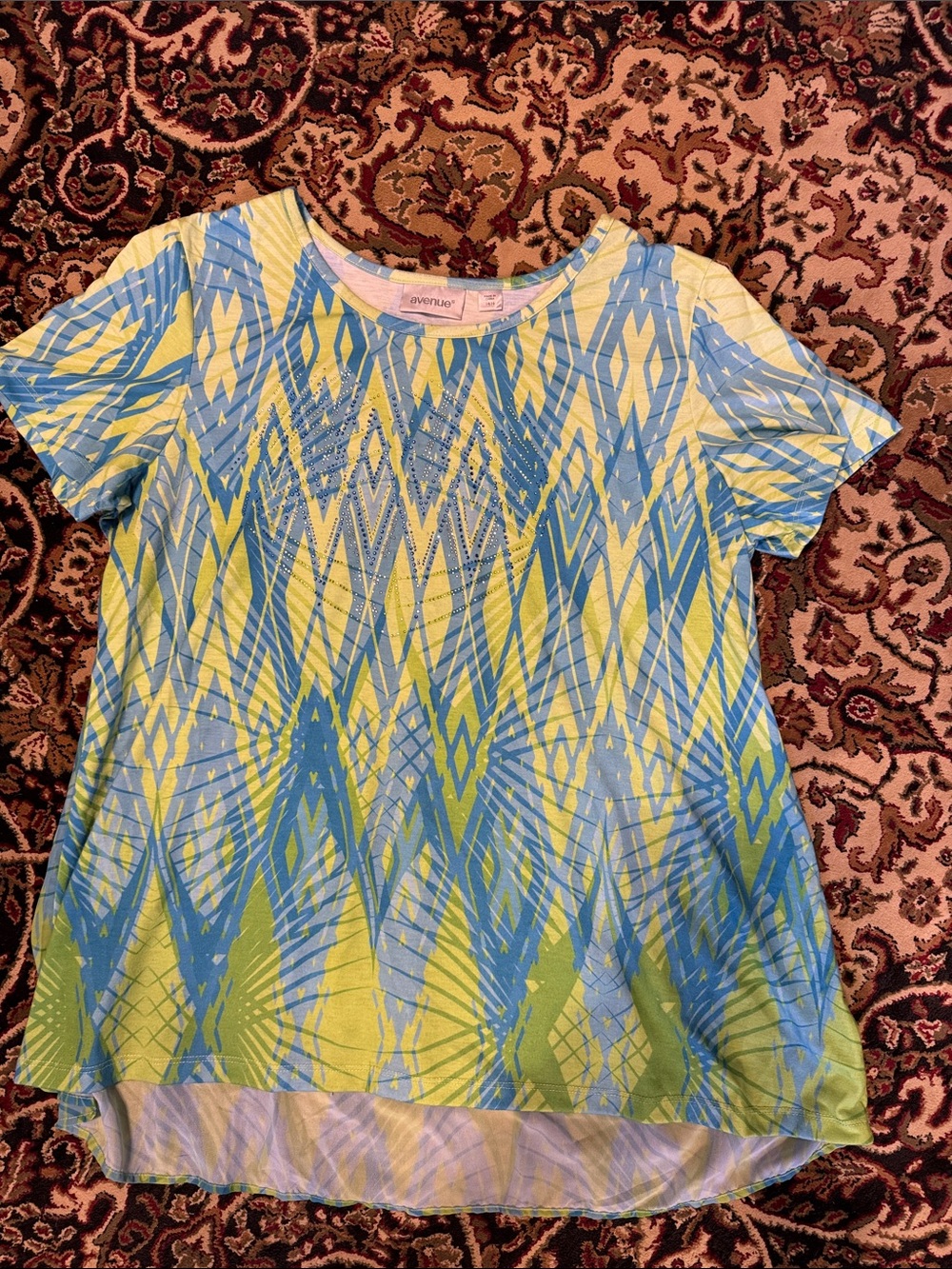 Avenue Blue & Yellow Lime Geometric Short Sleeve Tee 14/16 sequin front hi lo